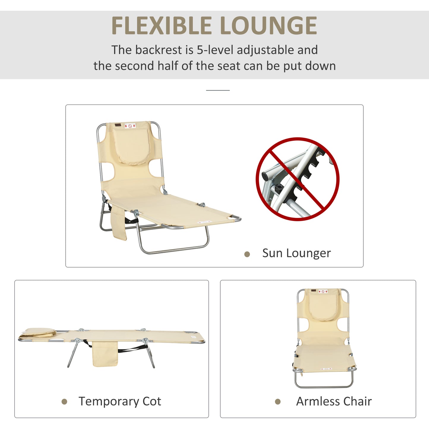Adjustable Tanning Chair with Face Hole - Beige Folding Lounger
