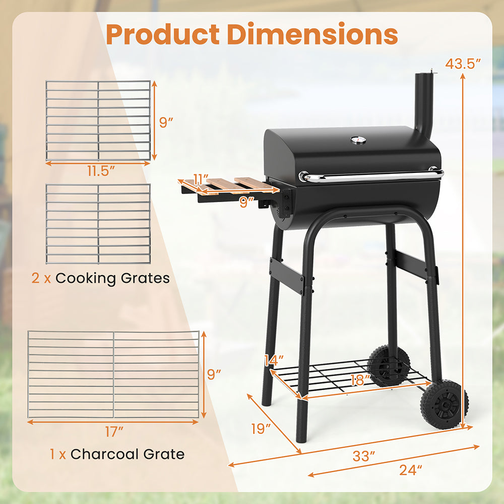 Charcoal Grill with Foldable Side Table and Thermostat - Black