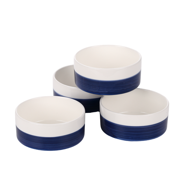 10 oz White-Blue Ceramic Bowls Set of 4 - Microwave & Dishwasher Safe