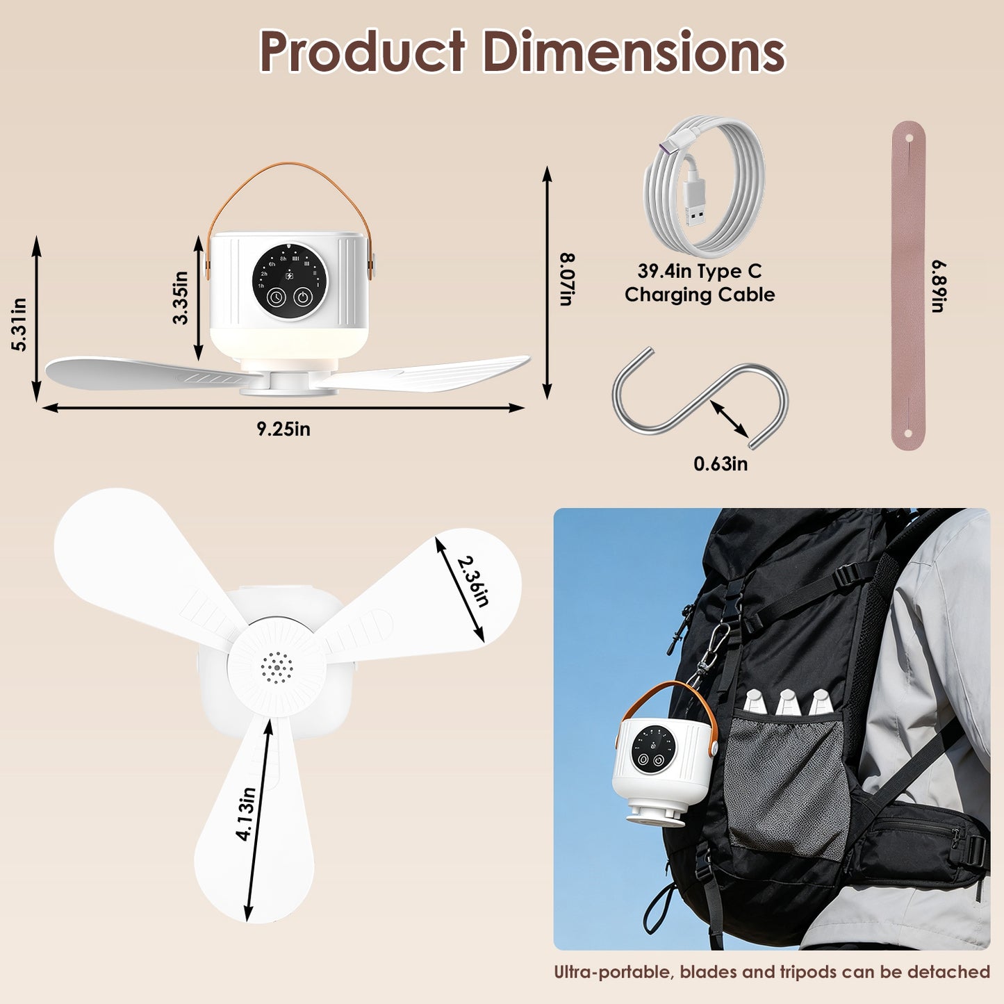 Rechargeable Tent Ceiling Fan with Light and Remote Control - 7200mAh Portable Camping Fan
