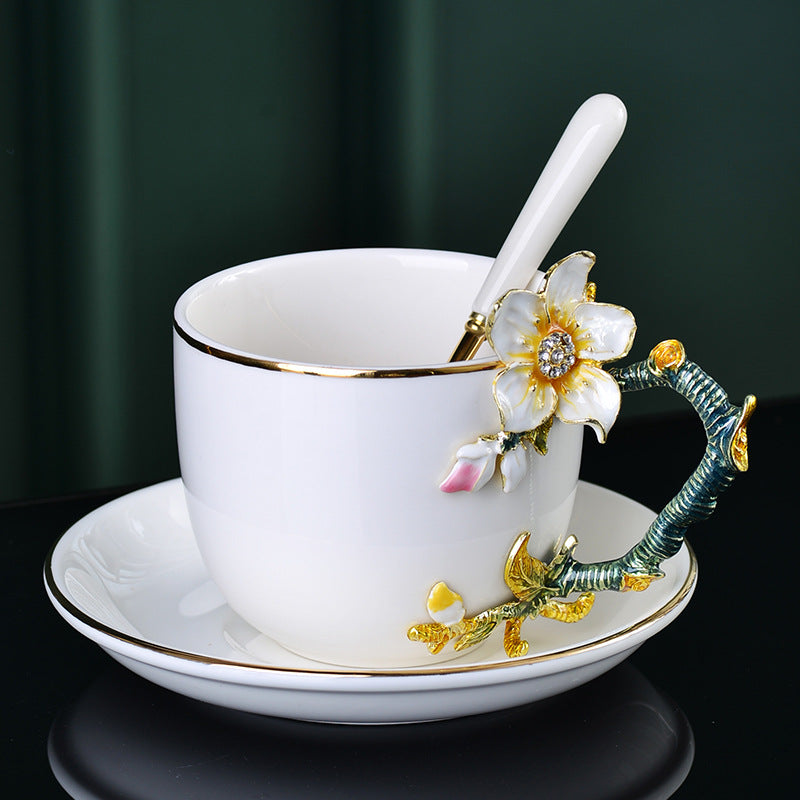 Enamel Coffee Cup and Saucer Set - Ceramic Drinkware Kitchen Decor