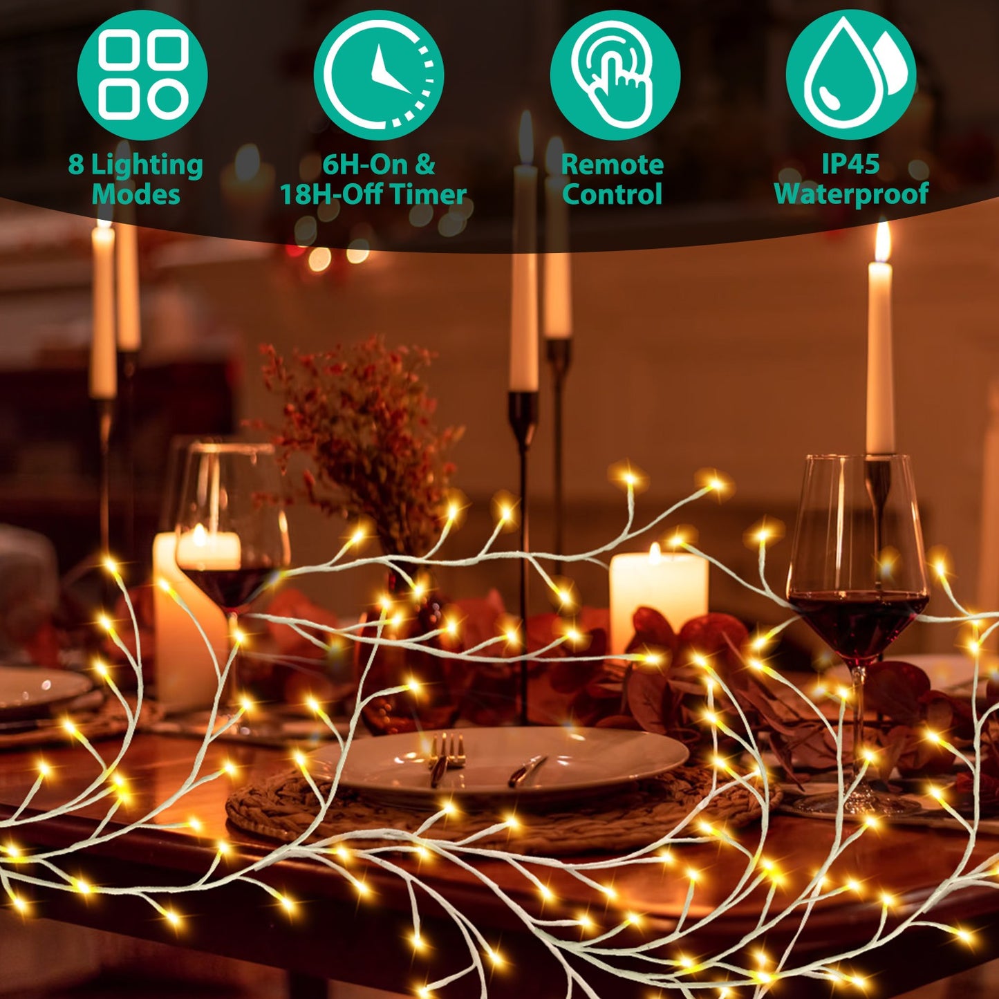 Lighted Birch Garland with 144 LEDs, 8 Modes, Waterproof, 7.87ft