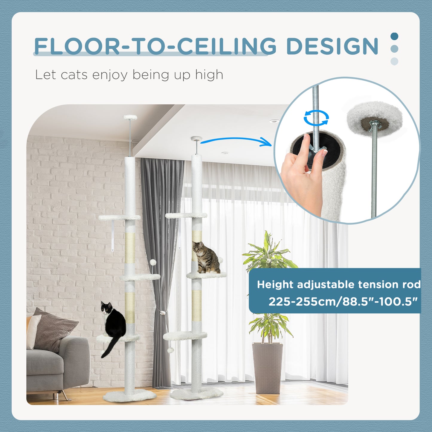 Adjustable Floor-to-Ceiling Cat Tree with Cloud Perches and Sisal Posts - White