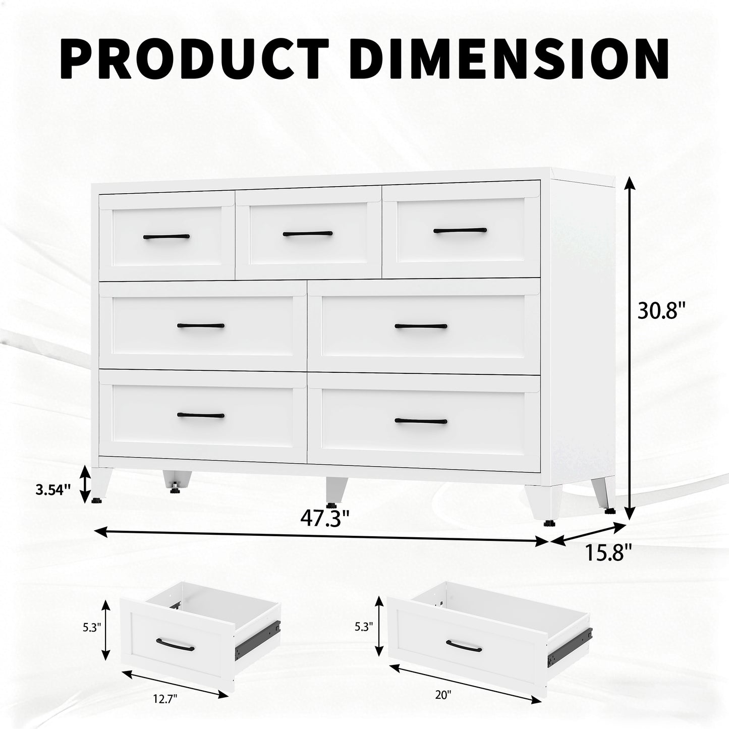 7-Drawer Dresser, Wide Low-Profile Storage Cabinet, White Metal Chest