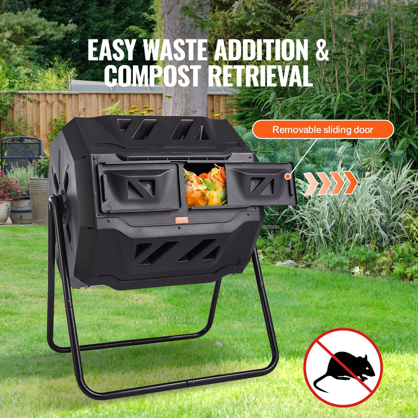 43-Gallon Dual Chamber Compost Bin with Sliding Doors - Large Garden Tumbler, Black