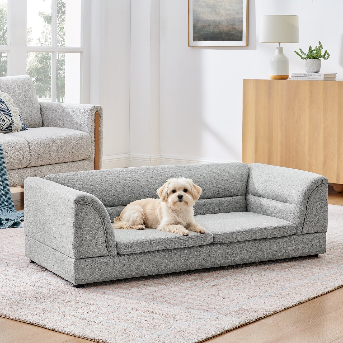 Large Oversized Linen Pet Sofa Bed with Curved Armrest for Dogs & Cats - Light Grey