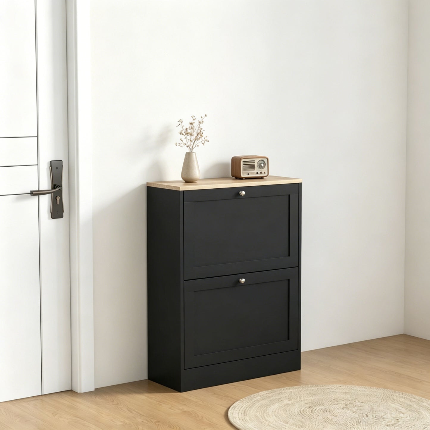 Narrow Shoe Cabinet with Adjustable Shelves - Black & Light Oak