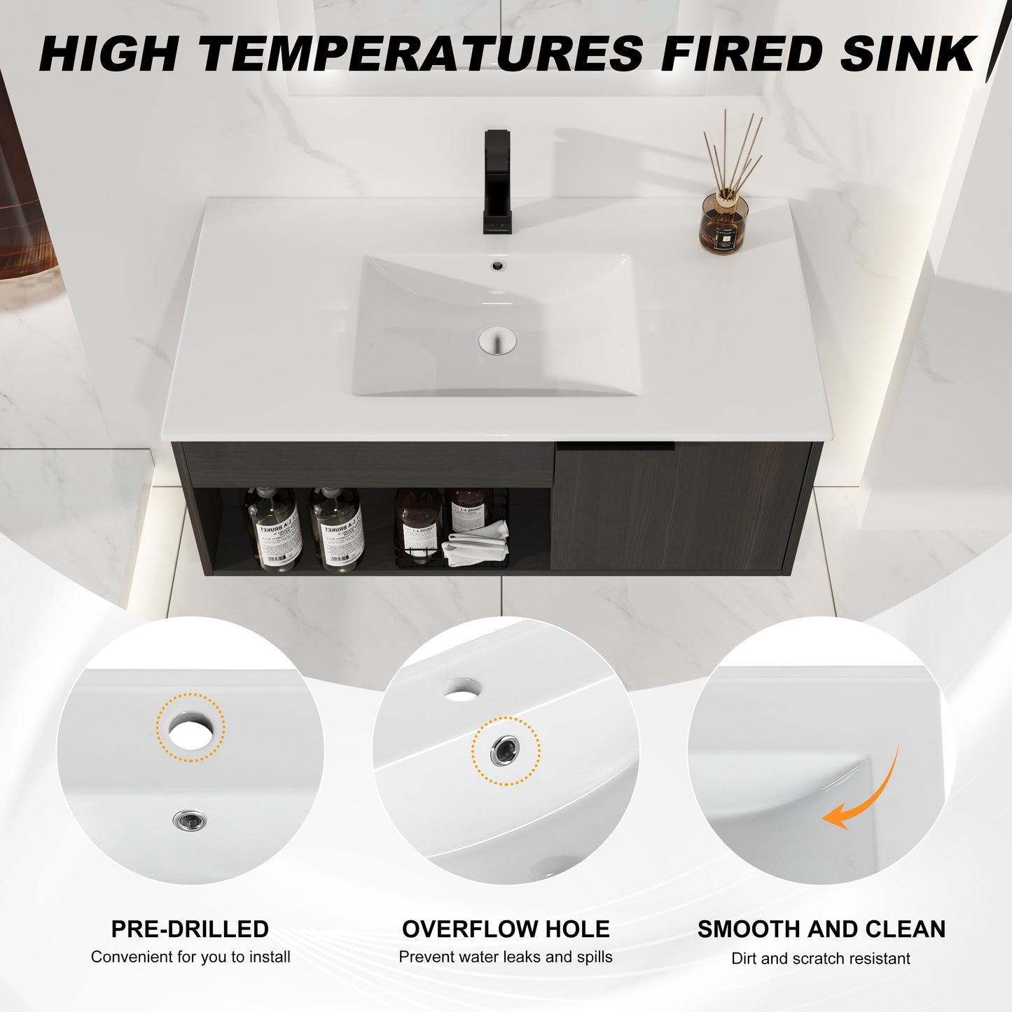 36" Wall-Mounted Bathroom Vanity with Ceramic Sink - Dark Oak
