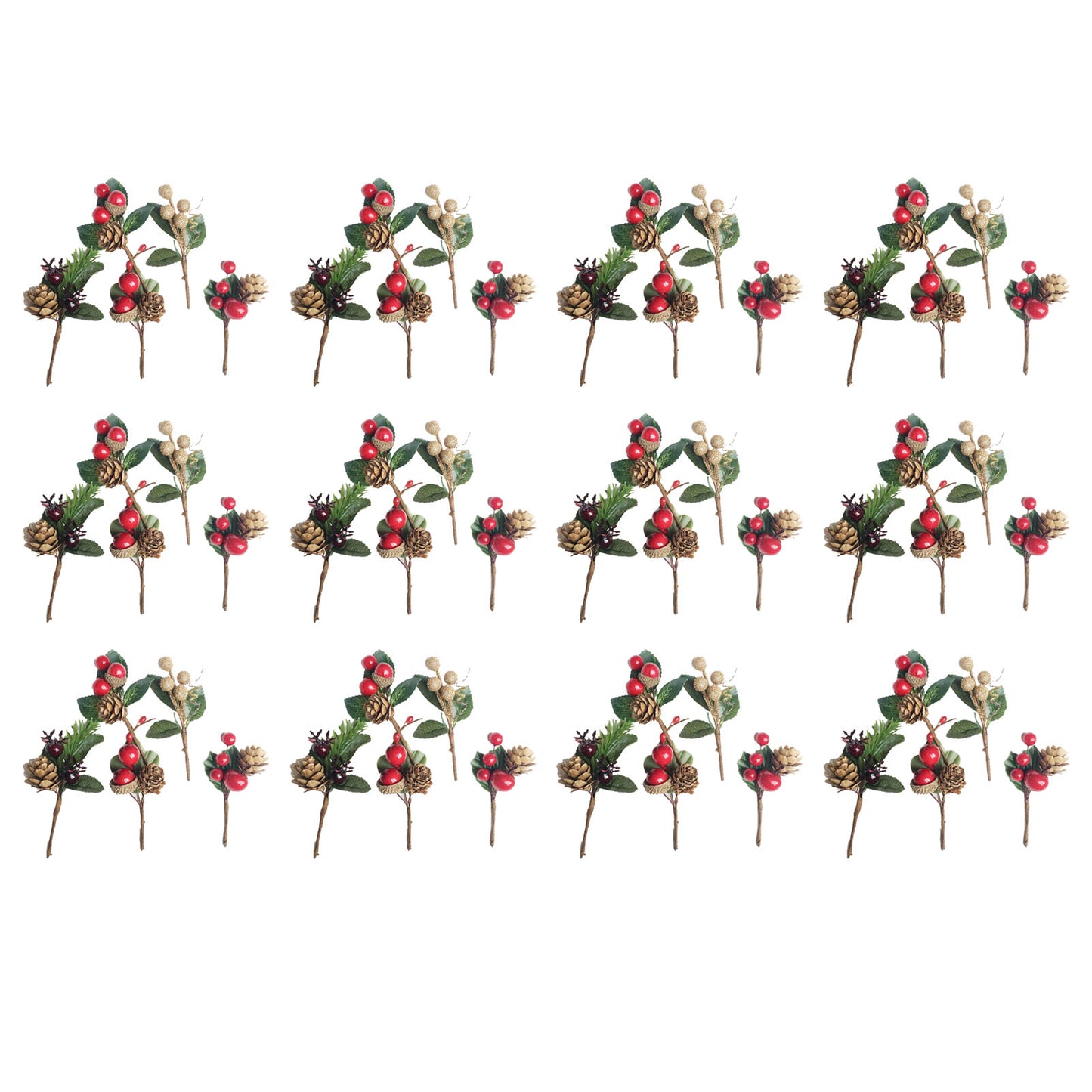 Artificial Flowers with Pine Cones and Red Berries - 12 Sets