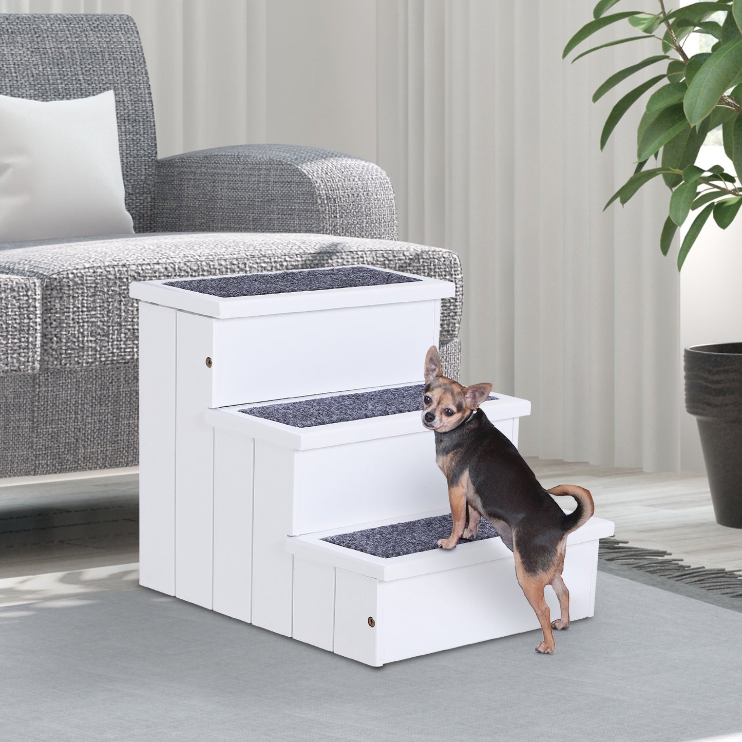 Wooden Pet Stairs with Storage - Non-Slip Carpeted Ramp for Cats & Small Dogs, White, 480x145x575mm