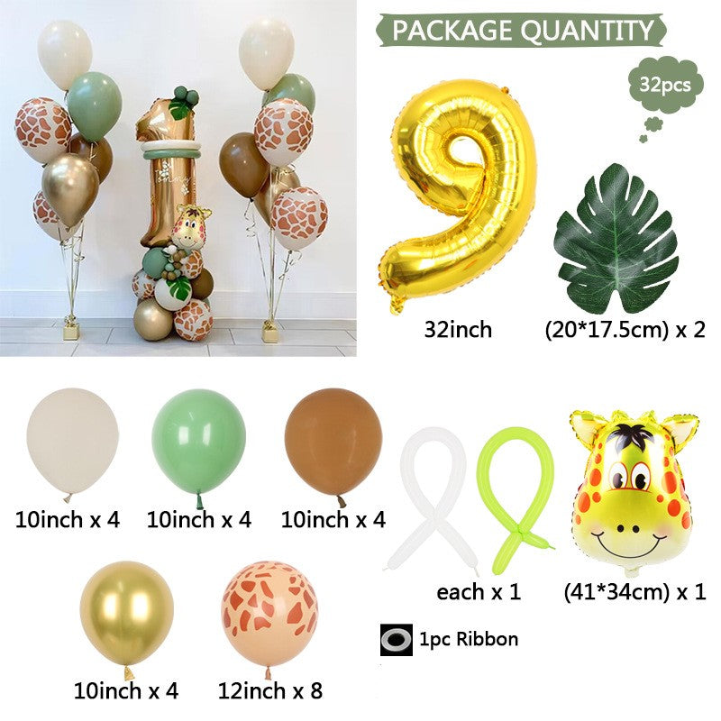 Green Leaf Jungle Animal Birthday Balloons - Digital Aluminum Film Decor Set