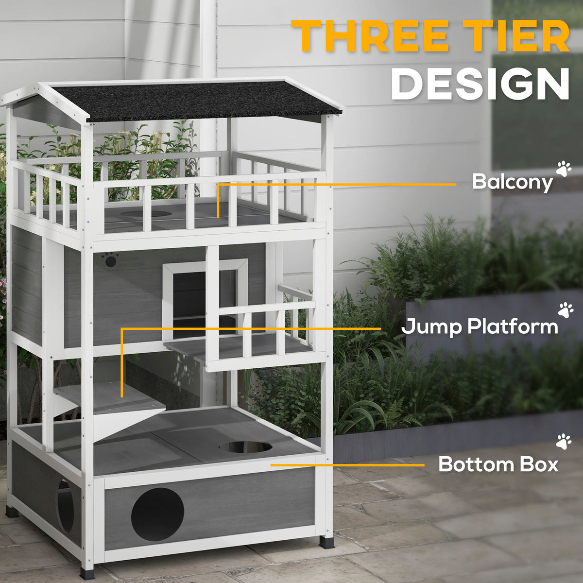 Outdoor Wooden Cat House with Asphalt Roof, Escape Doors & Jumping Platform