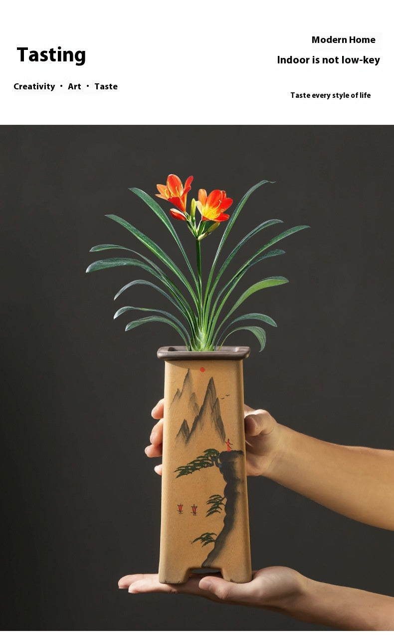 Retro Ceramic Bonsai Plant Pot with Support for Indoor Decor - Medium
