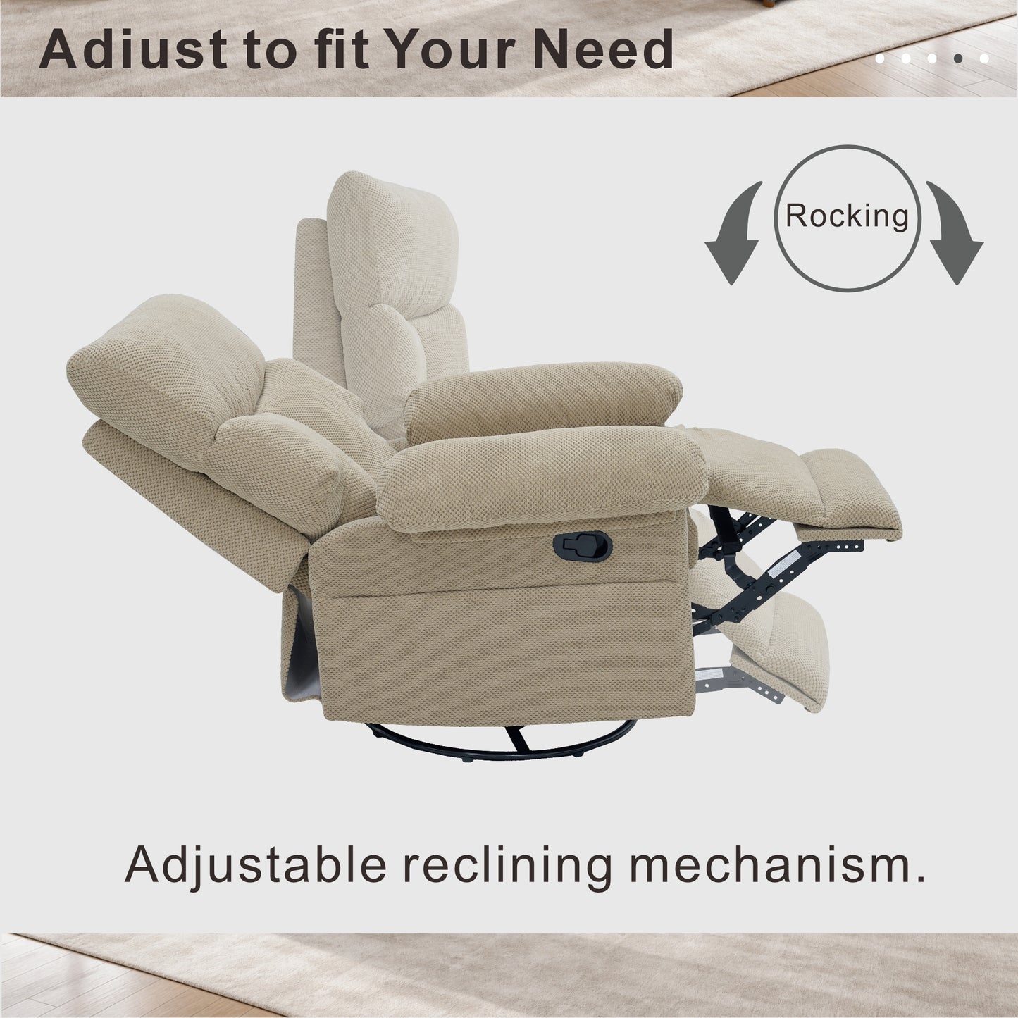 Modern Swivel Rocker Recliner Chair - Camel Fabric Armchair