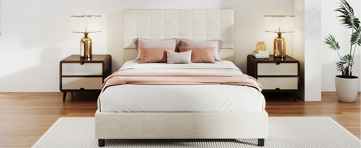 Bed Frame Upholstered Vertical Channel Headboard With 4 Storage