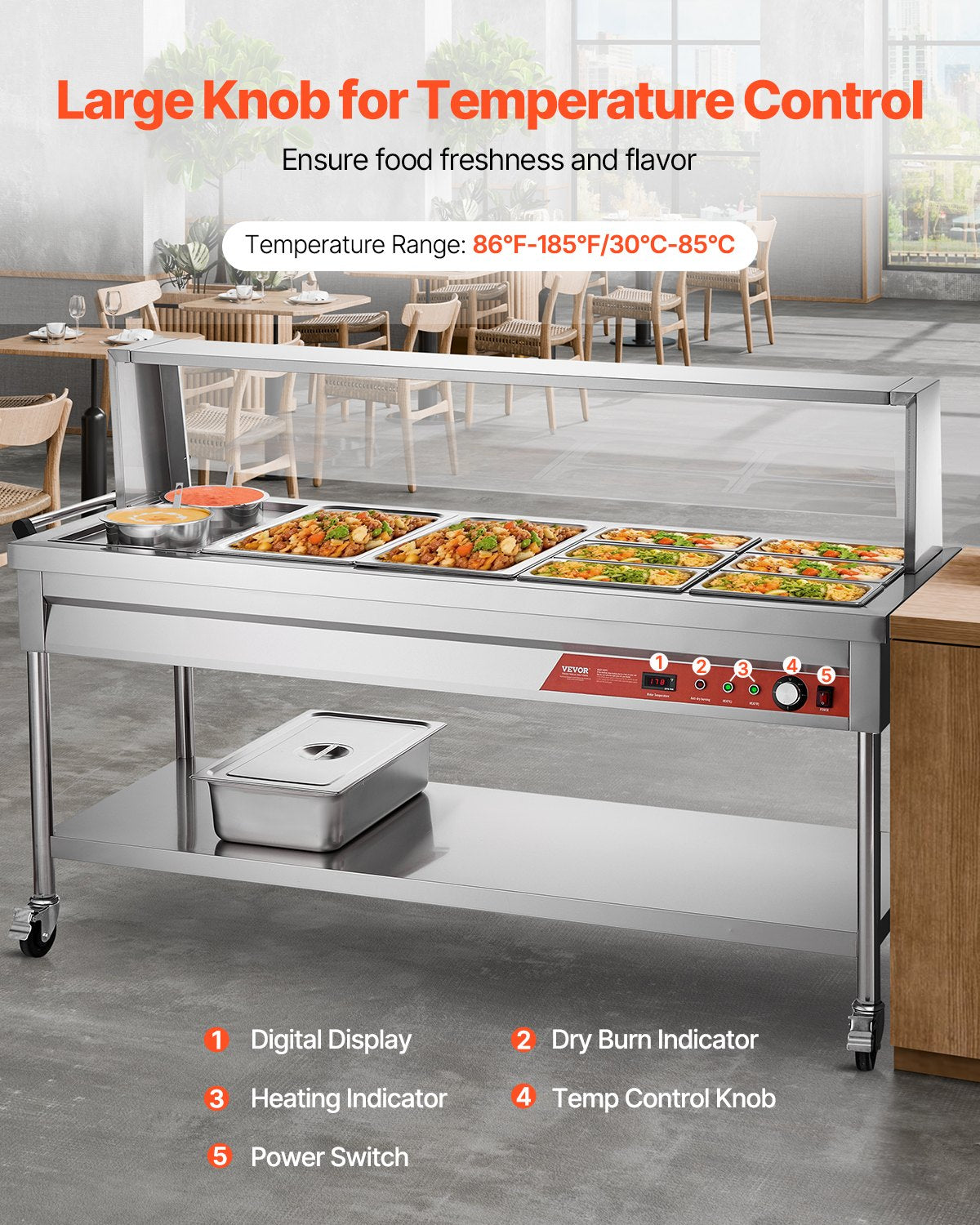 Commercial Food Warmer Steam Table with 8 Pans & 2 Pots - Silver
