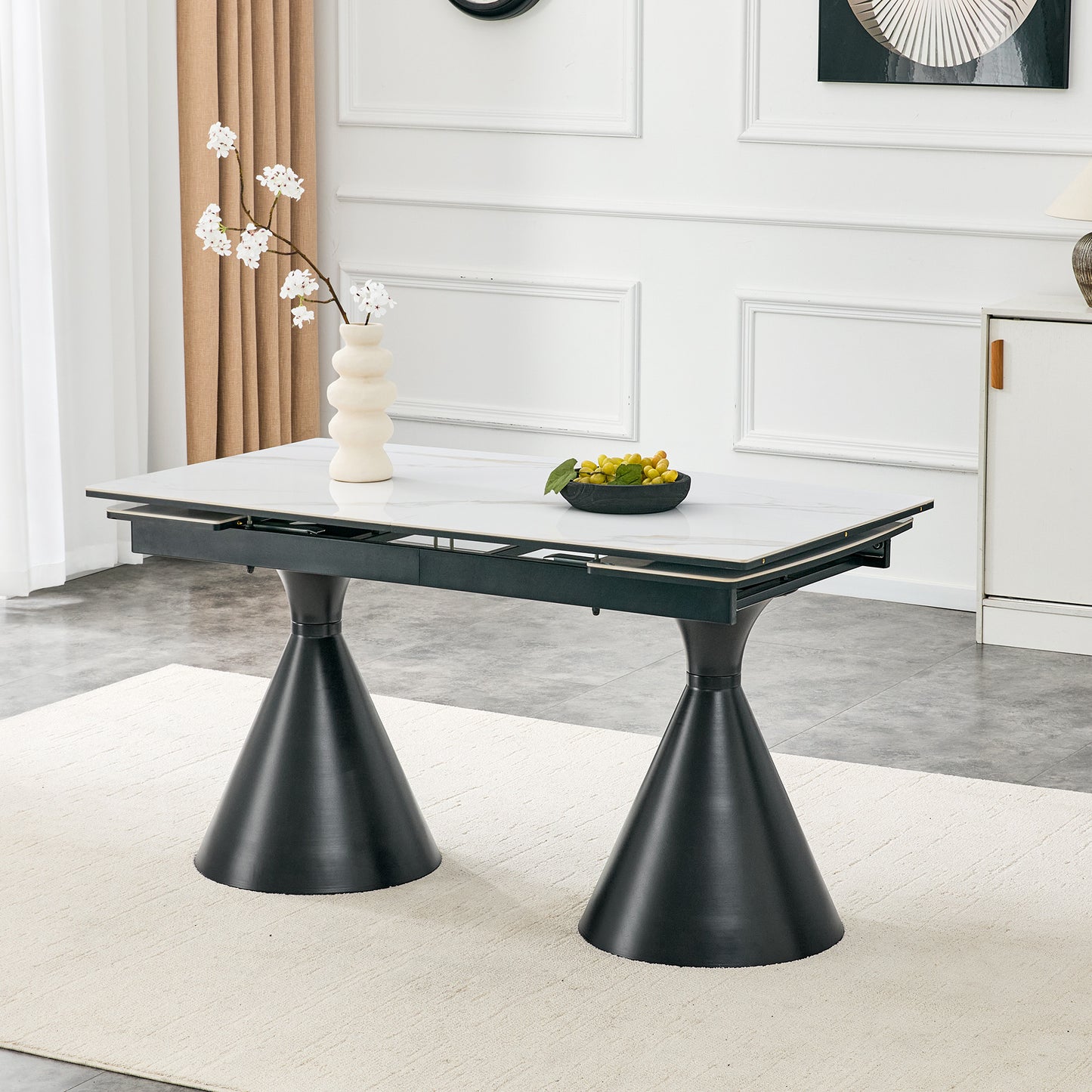 Extendable Stone-Top Dining Table - White Marble with Black Legs