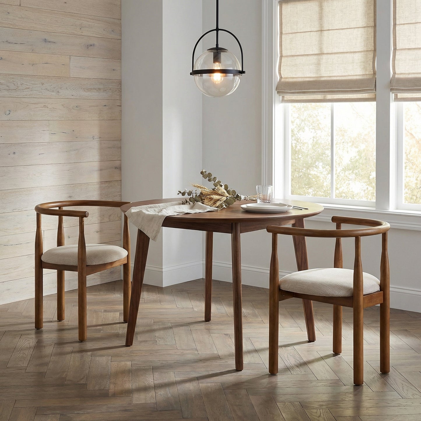 Set of 2 Modern Dining Chairs with Solid Wood Legs - Walnut & Beige
