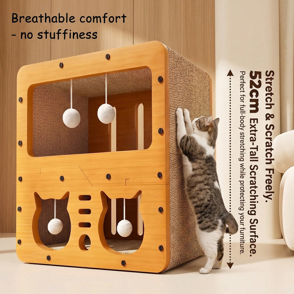Double Layer Cat Scratcher House Large Space Cat Bed with Hanging Toy