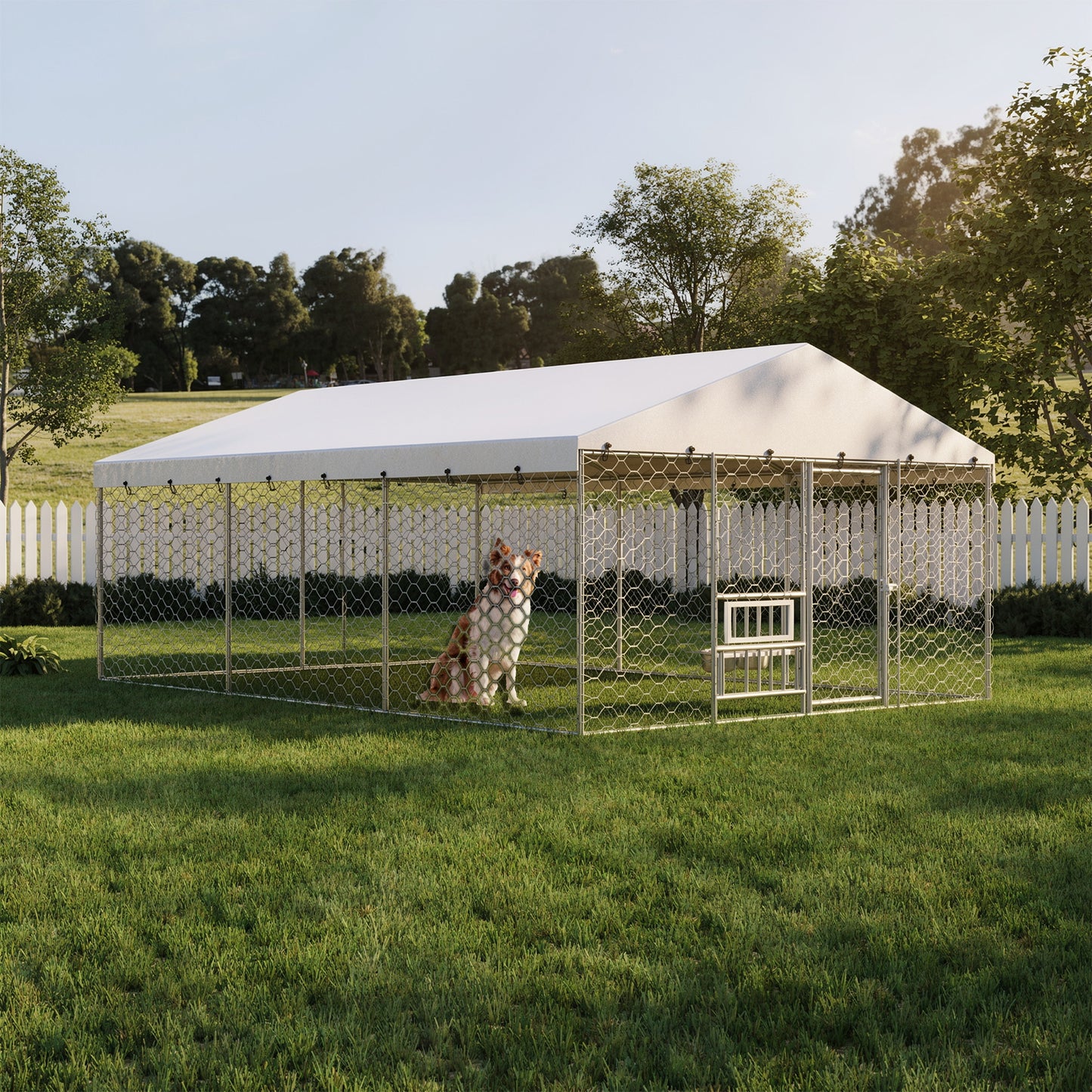 Large Outdoor Dog Kennel with Canopy - Heavy Duty Steel Frame, Waterproof Cover, Elevated Feeders, Escape-Proof Locking for Large Dogs