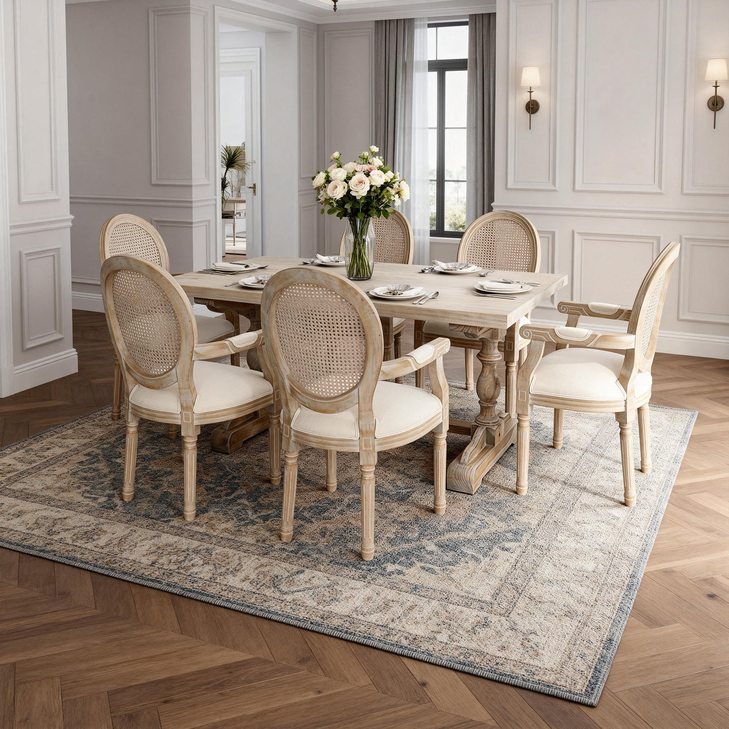 French Country Dining Armchair Set of 2 - Beige Upholstered Chairs