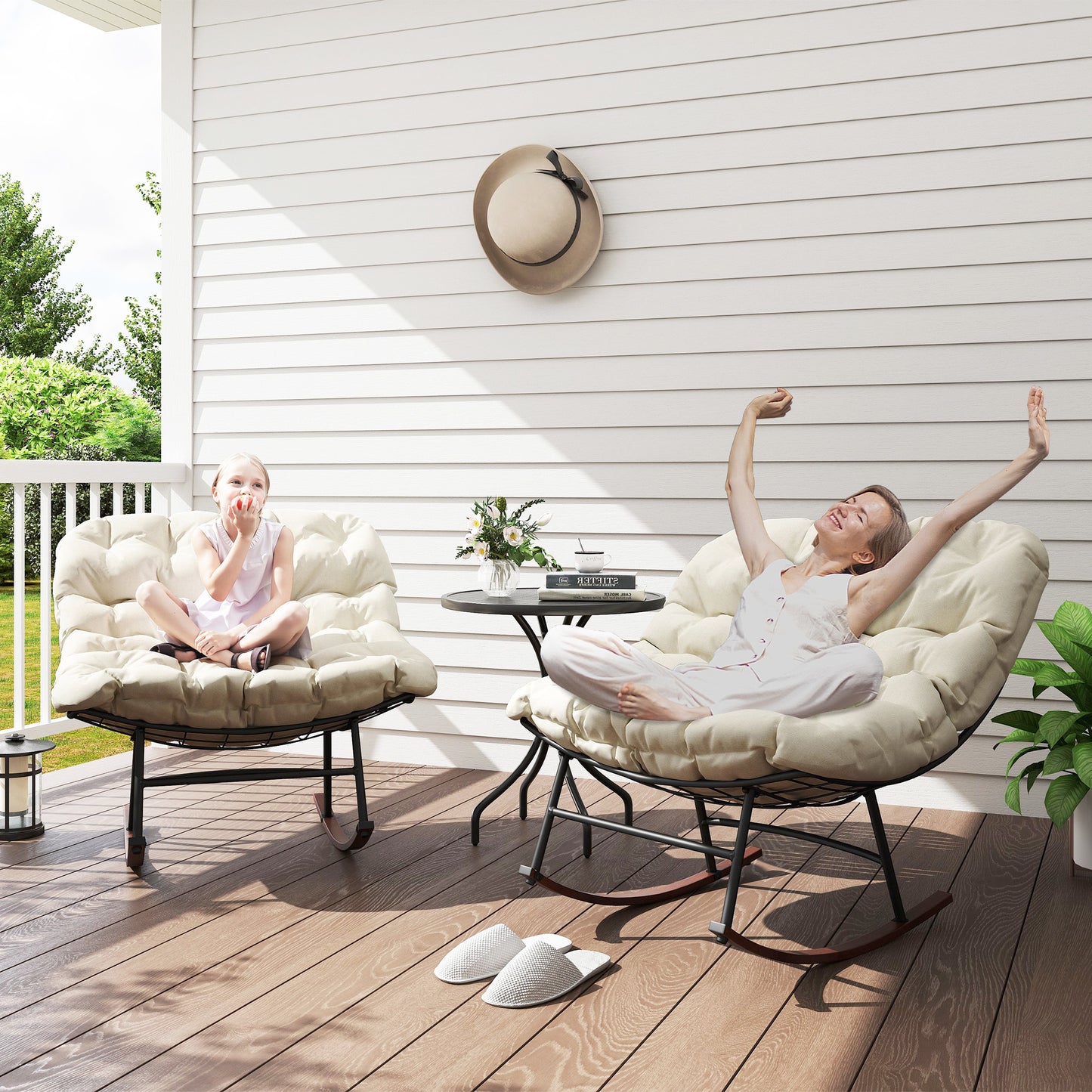 Oversized Outdoor Rocking Chair Set of 2 with Cushions - Beige