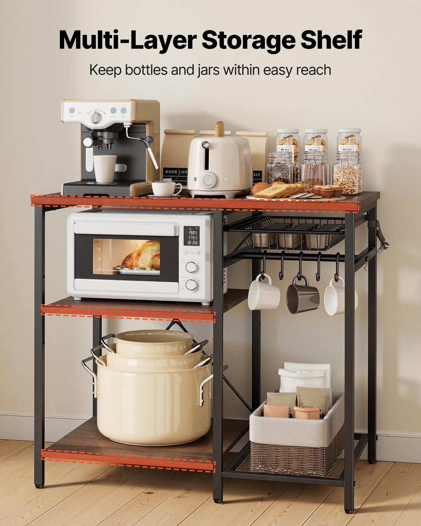 Black Kitchen Bakers Rack with Multi-Layer Storage and Hooks - 35.4 Inch Wide