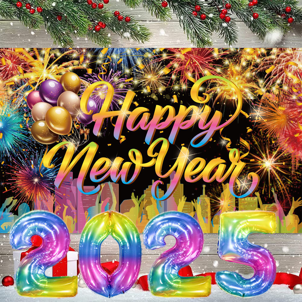 Happy New Year Party Decorations Set - 32 Inch Balloons & Banner