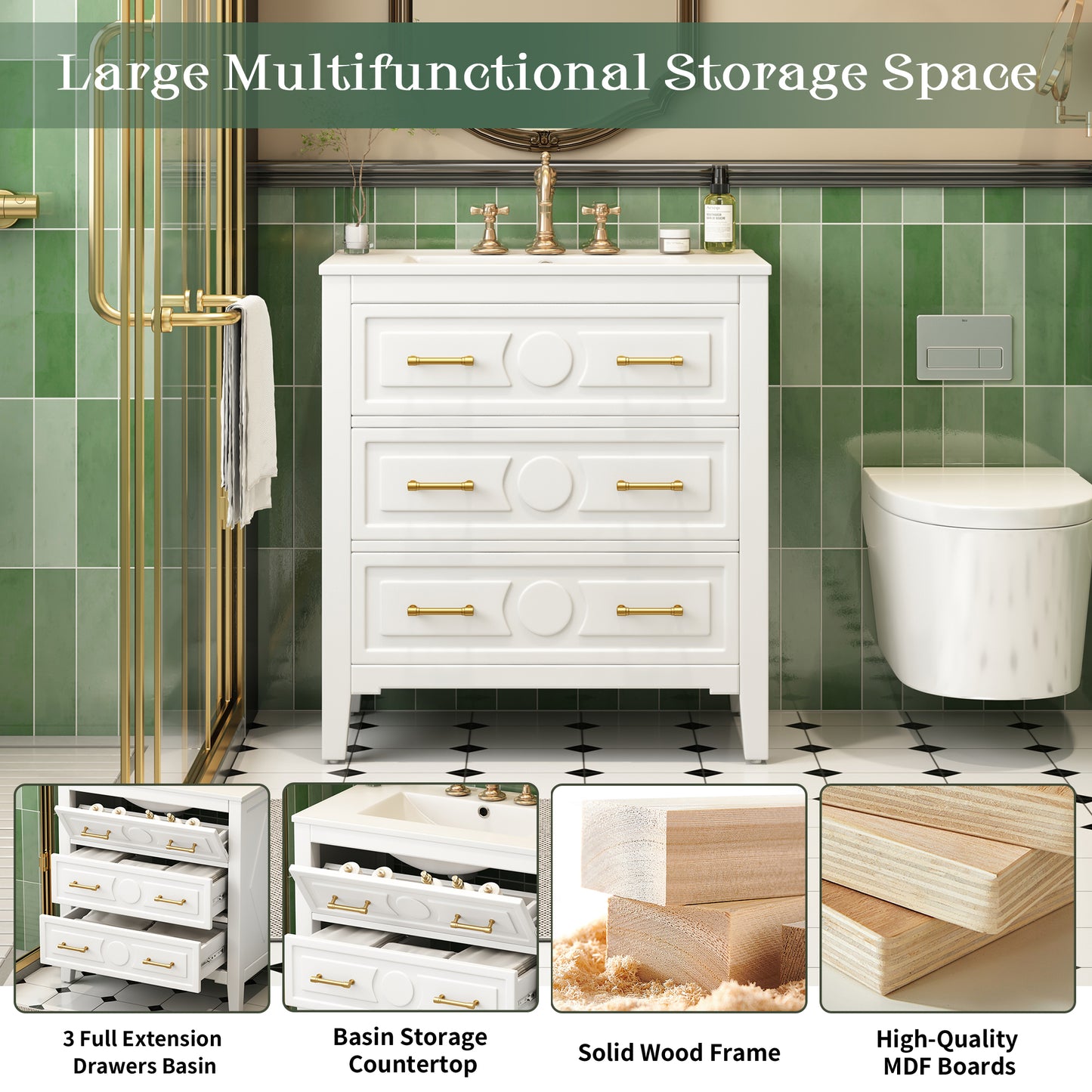 30'' White Bathroom Vanity with Ceramic Sink and 3 Drawers