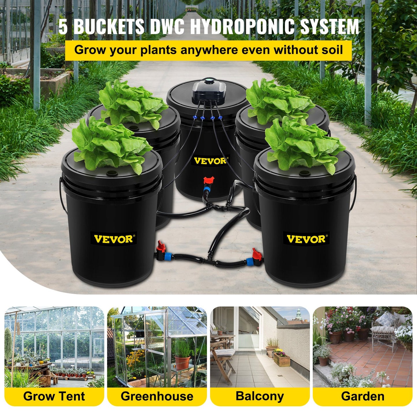 Hydroponic DWC System with 5 Gallon Buckets, Pump, Air Stone & Reservoir - Indoor/Outdoor Grow Kit