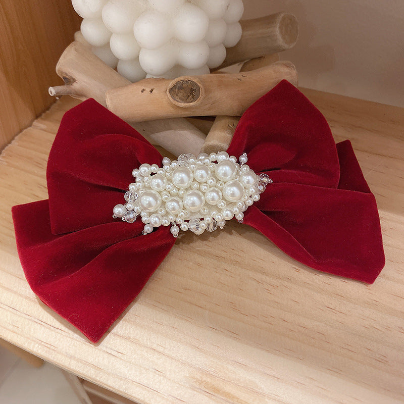 Red Bow Encrusted Tassel Hairpin Back Head Spring Clip - Elegant Hair Accessory