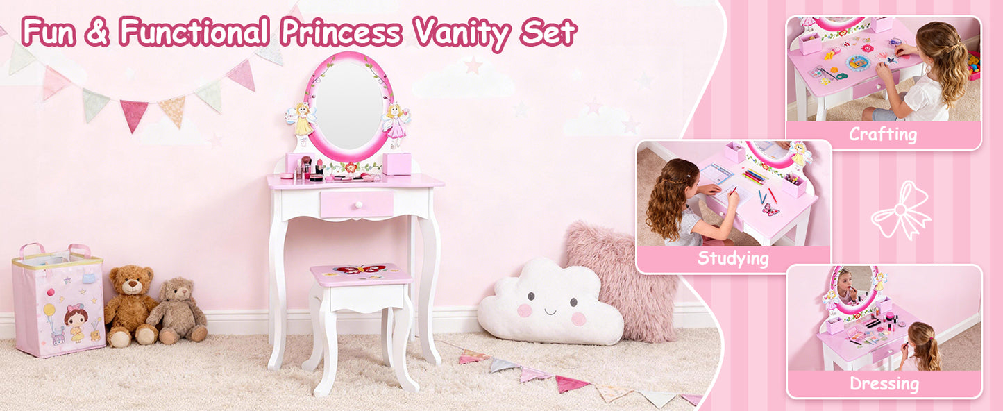Kids Vanity Set Floral Printed Wooden Makeup Dressing Princess Table