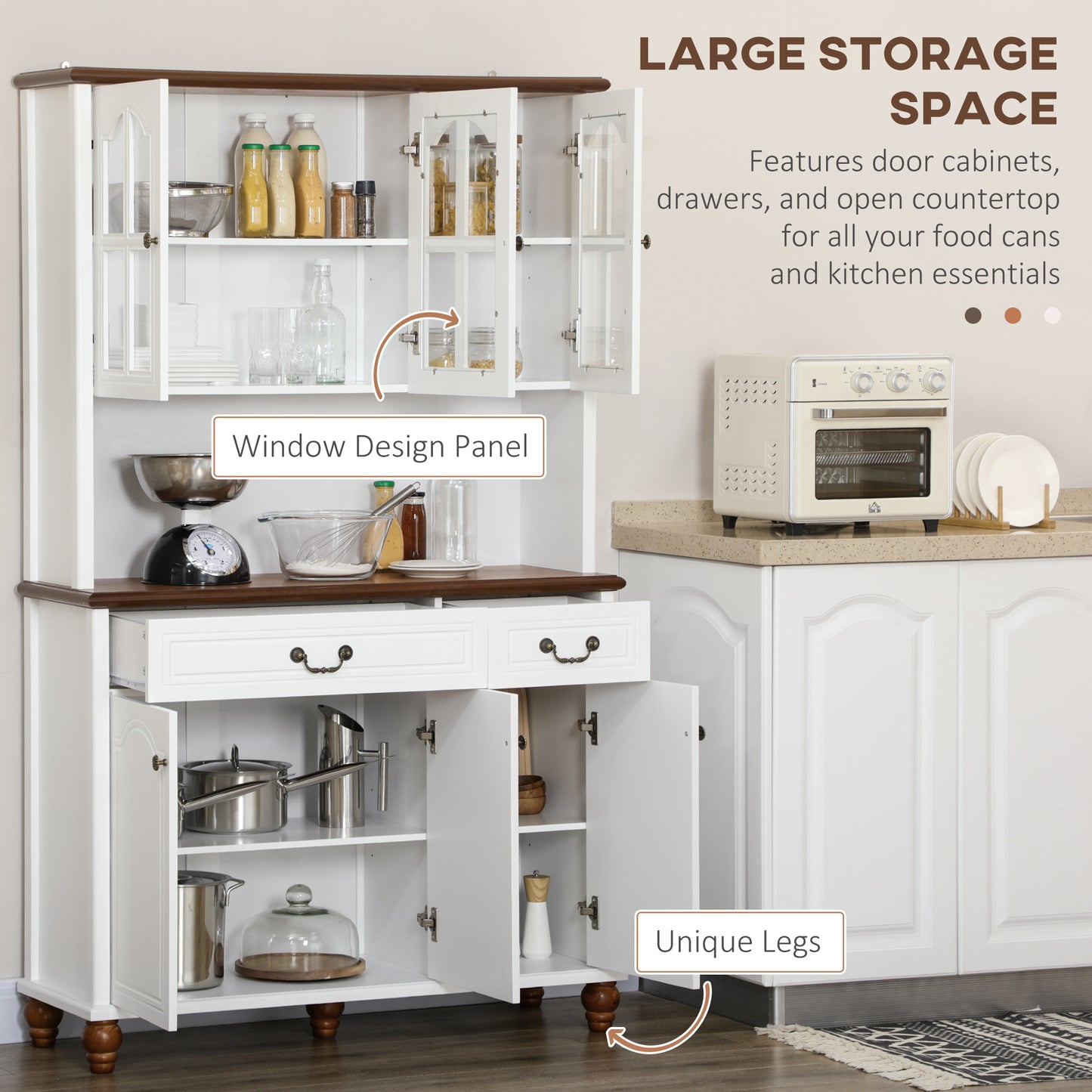 Freestanding Kitchen Buffet with Hutch - White Cabinet & Adjustable Shelves