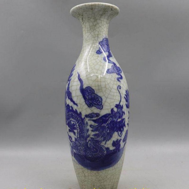 Blue and White Ceramic Vase with Dragon Motif - Home Decor