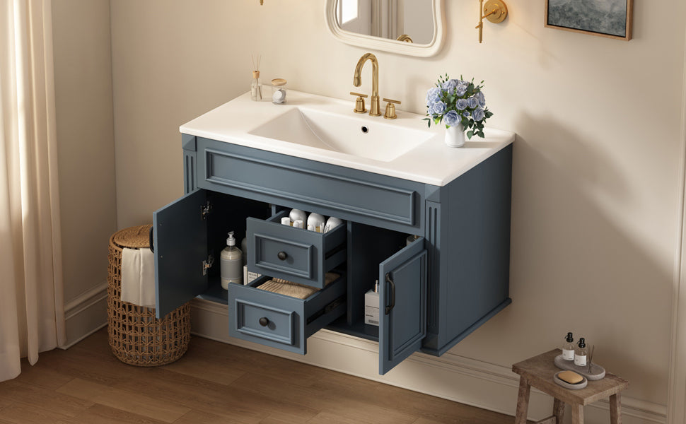36-Inch Wall Mounted Bathroom Vanity with Ceramic Sink - Blue