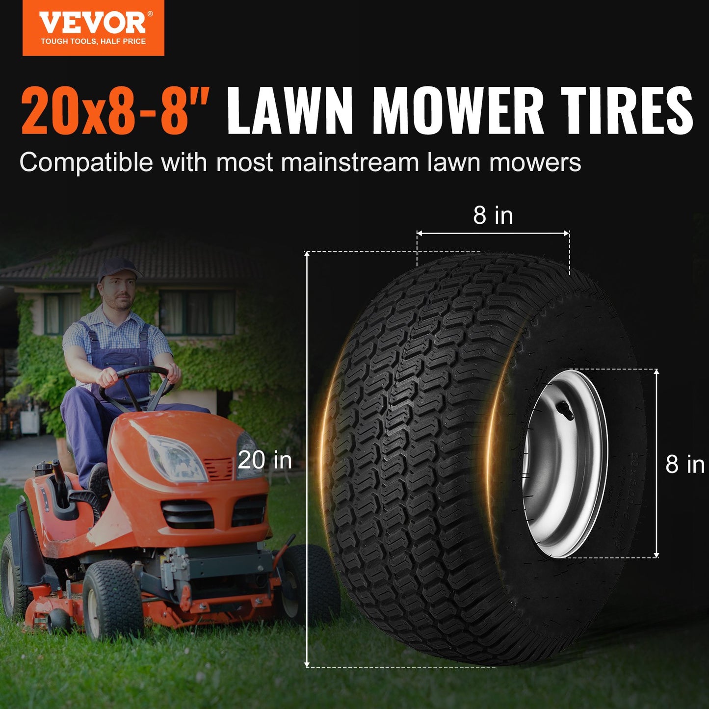 20x8-8 Tubeless Lawn Mower Tires with Rim 2-Pack for Riding Mowers
