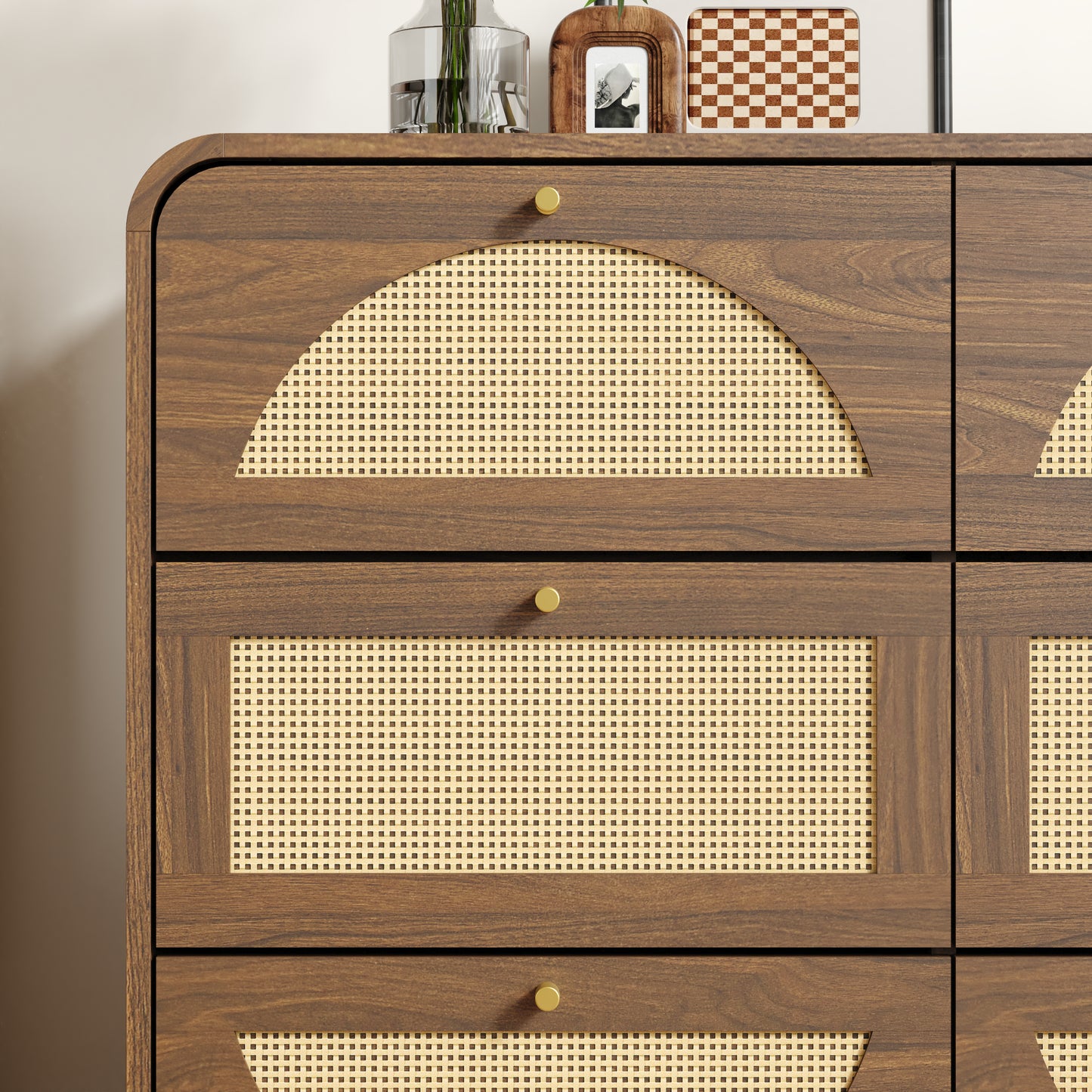 Modern 9-Drawer Dresser with Rattan Front - Walnut Finish