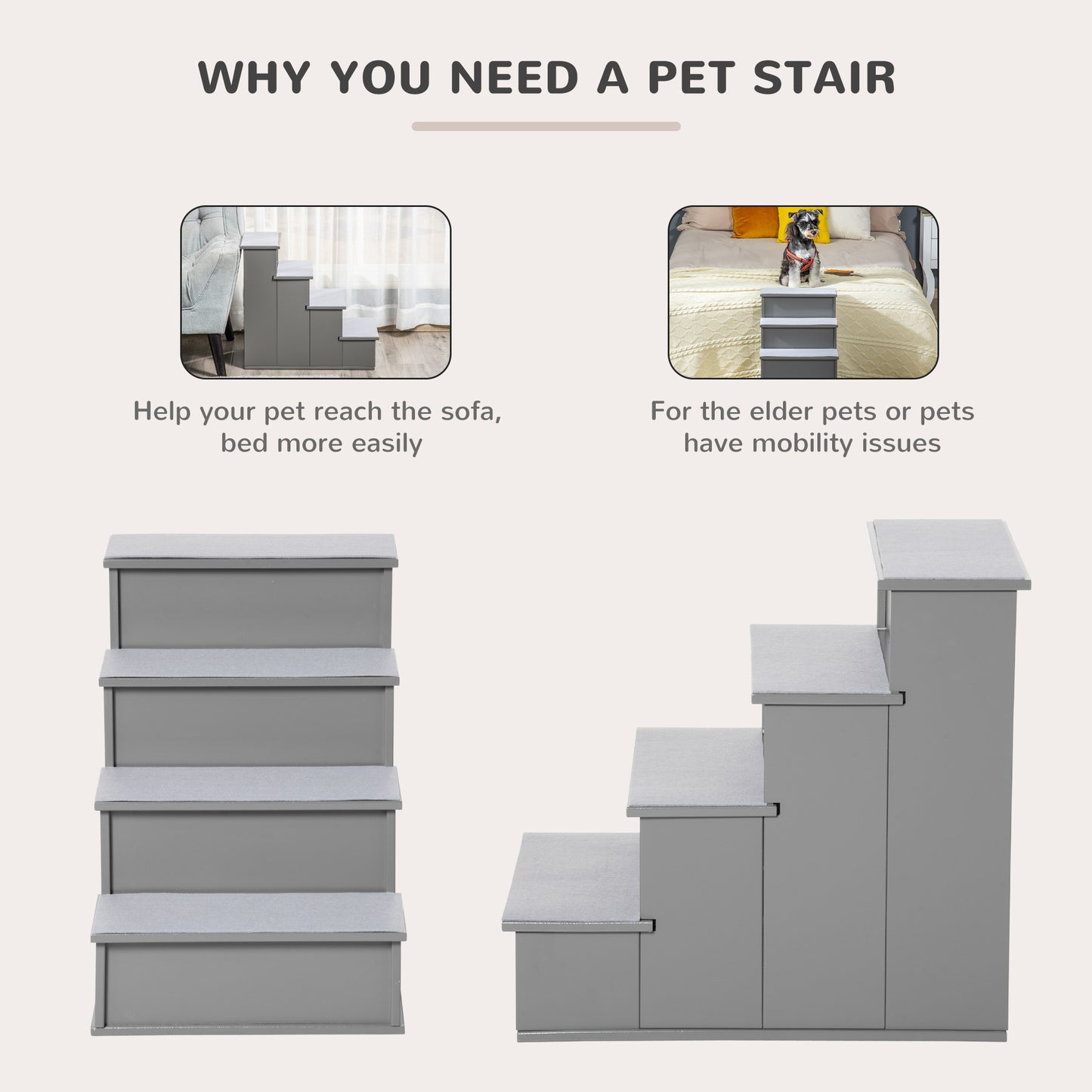 Small Dog Pet Stairs with Cushioned Cover - Grey, 15.75 x 23.25 x 21.25 inches