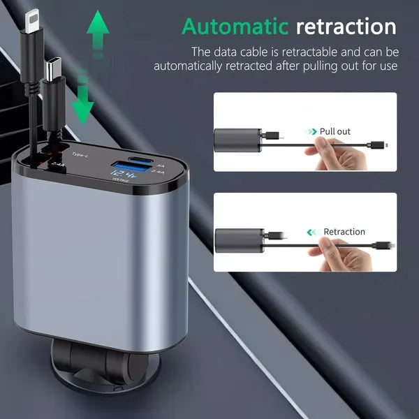 Car USB Fast Charger 120W 4-Port with Retractable Cables & Adjustable Angle