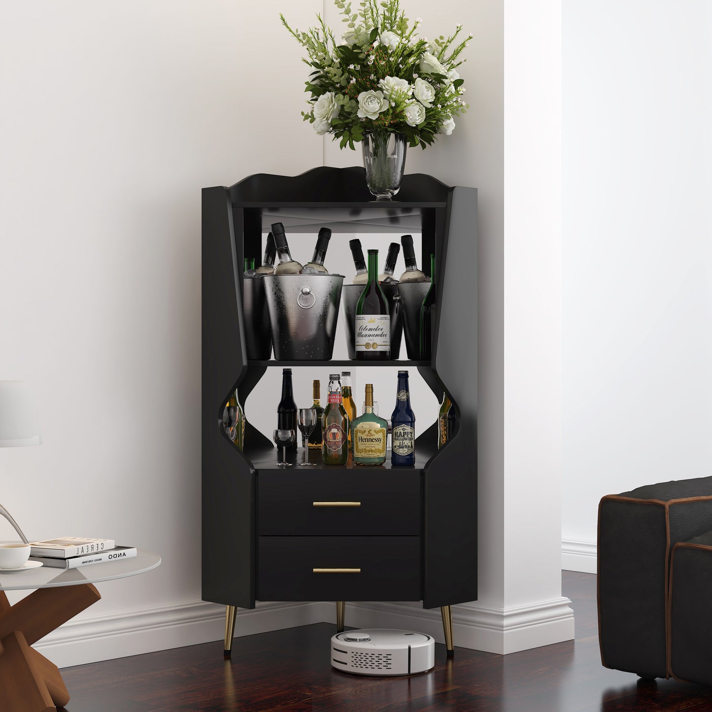 Wooden Corner Bar Cabinet With 2 Open Storage Shelves And Drawers,