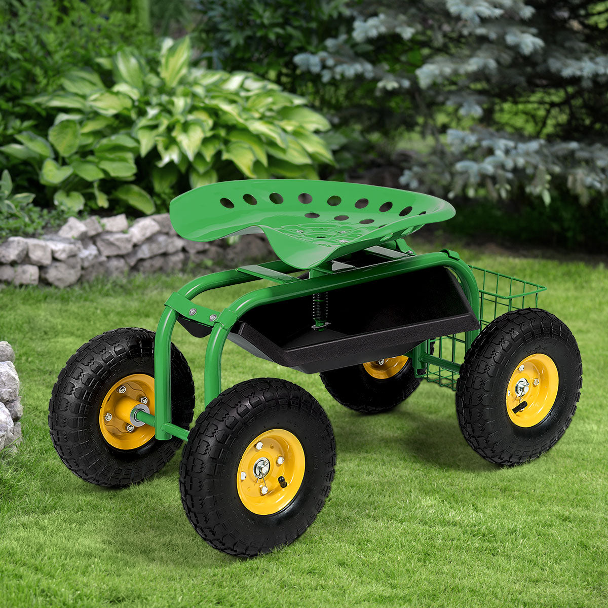 Heavy Duty Rolling Garden Cart with Tool Tray - Green
