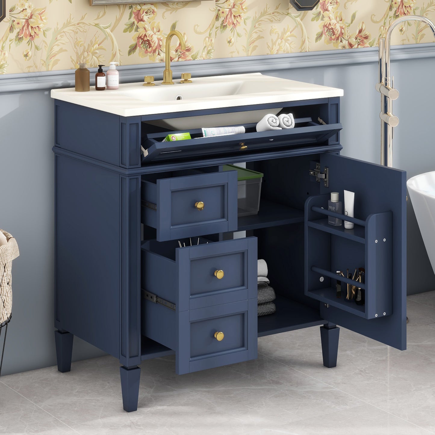 30'' Blue Bathroom Vanity with Ceramic Sink & Storage Drawers