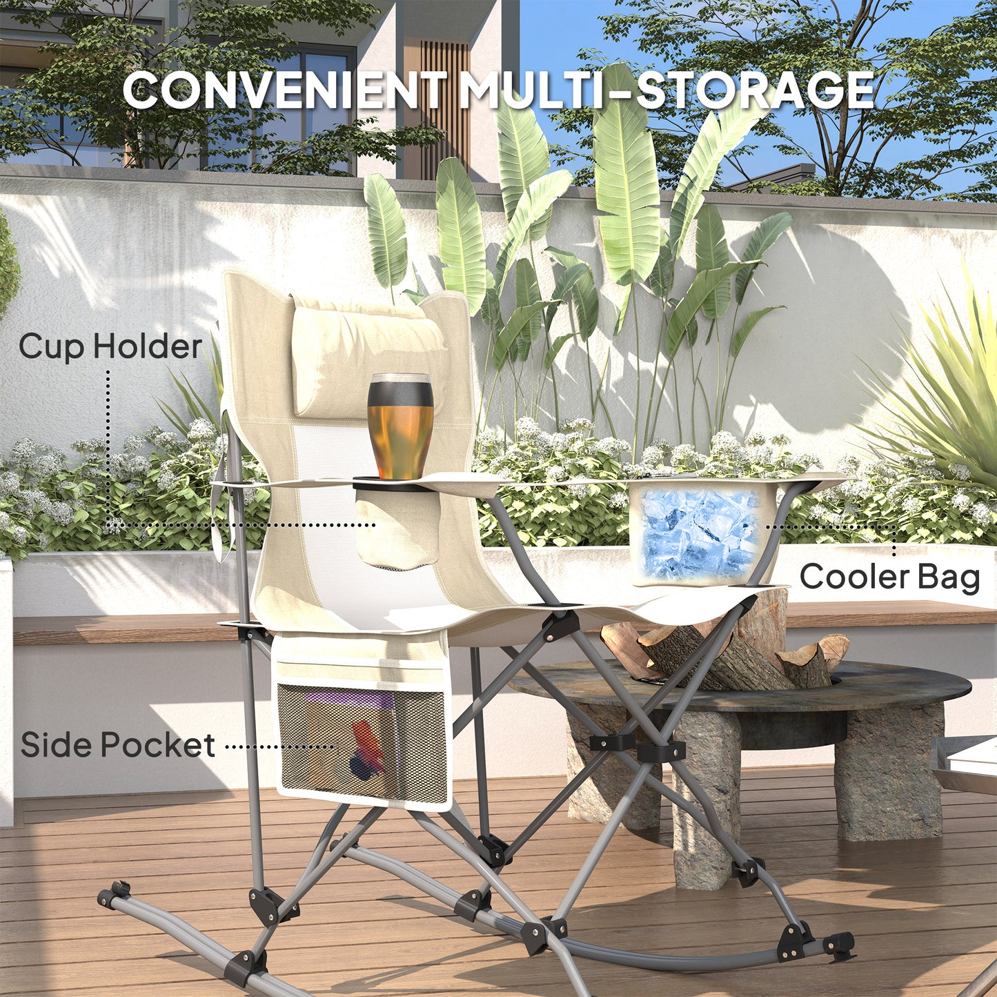 Folding Rocking Camping Chairs with Headrest & Cooler Bag - 2 Pack, Cream