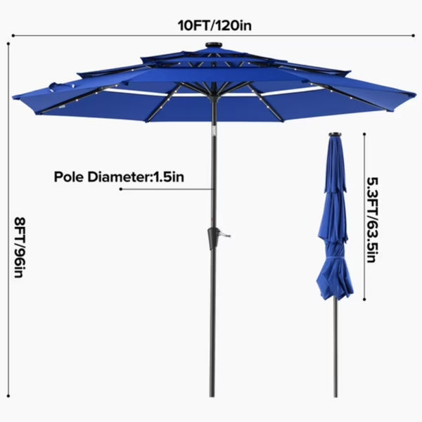 10 FT 3-Layer Solar Patio Umbrella with LED Lights & Adjustable Tilt Navy Blue