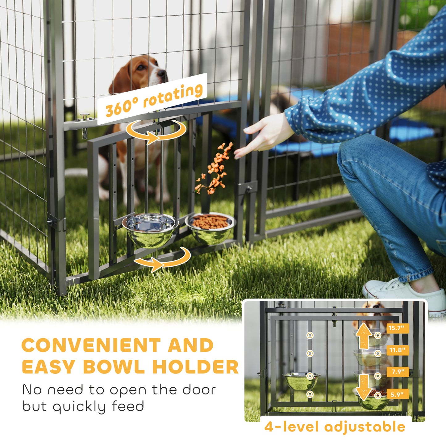 Outdoor Dog Kennel with Roof, 4-Level Adjustable Bowls & Rotating Feeder