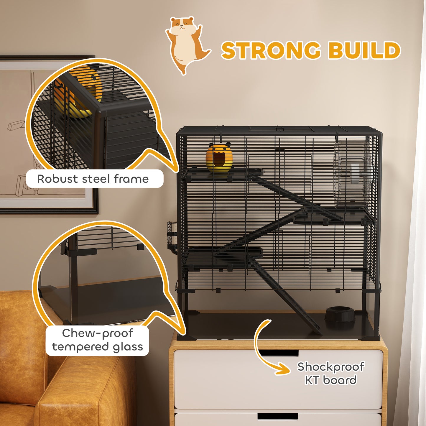 4-Tier Hamster Cage with Deep Tempered Glass Bottom & Accessories, Black