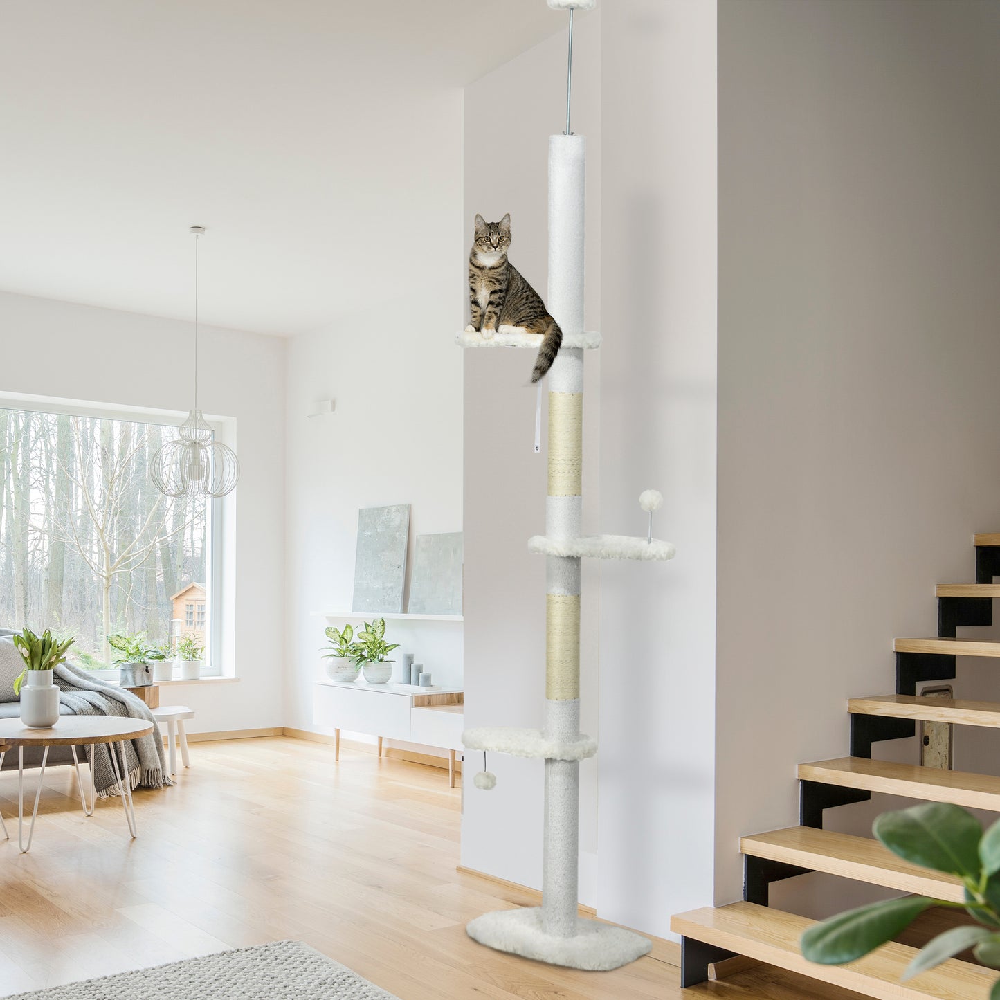 Adjustable Floor-to-Ceiling Cat Tree with Cloud Perches and Sisal Posts - White
