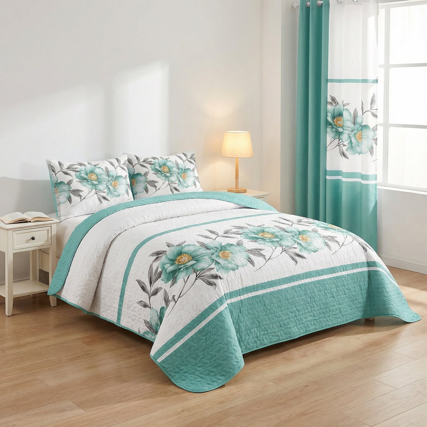 9-Piece Teal Floral Bedding Set with Customizable Curtains