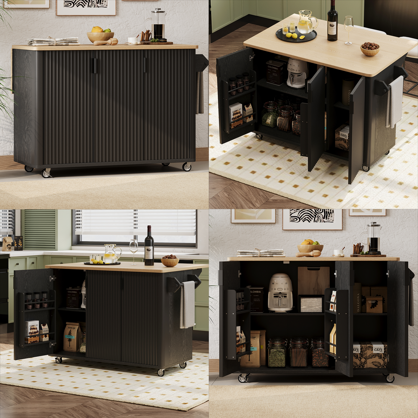 K&K 51 Fluted Kitchen Island With Drop Leaf, Farmhouse Accent On