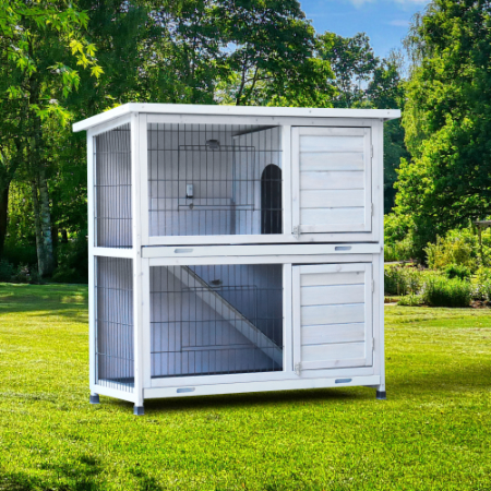 Outdoor 2-Story Rabbit Hutch with Removable Trays, Waterproof Roof & Ramp